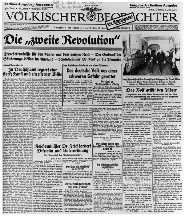 Das Titelblatt des <i>Völkischen Beobachters</i> rechtfertigt die Säuberungsaktion nach dem sogenannten Röhm-Putsch (3. Juli 1934)